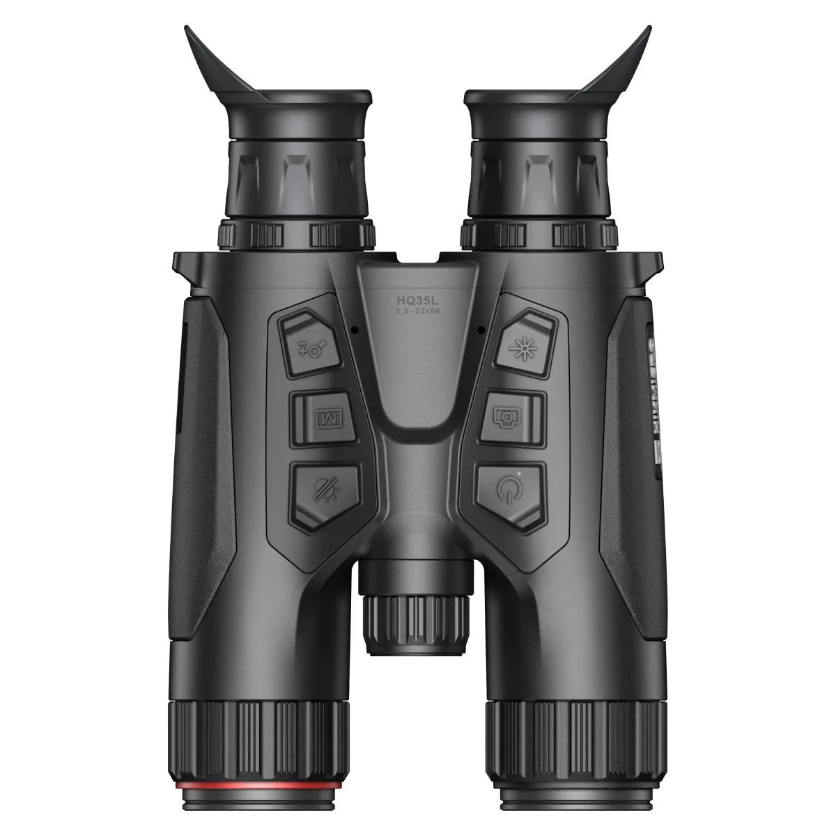 Vista superior del binocular Hikmicro HQ35L 5.5-22x60, con las seis teclas de la botonera y la rueda del emisor infrarrojo entre los dos tubos.
