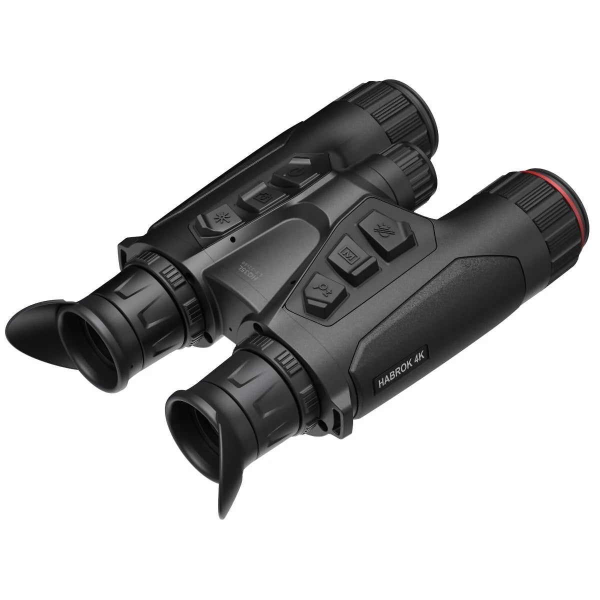 Vista trasera en tres cuartos del binocular Hikmicro HQ35L 5.5-22x60, con los dos oculares de goma plegables.
