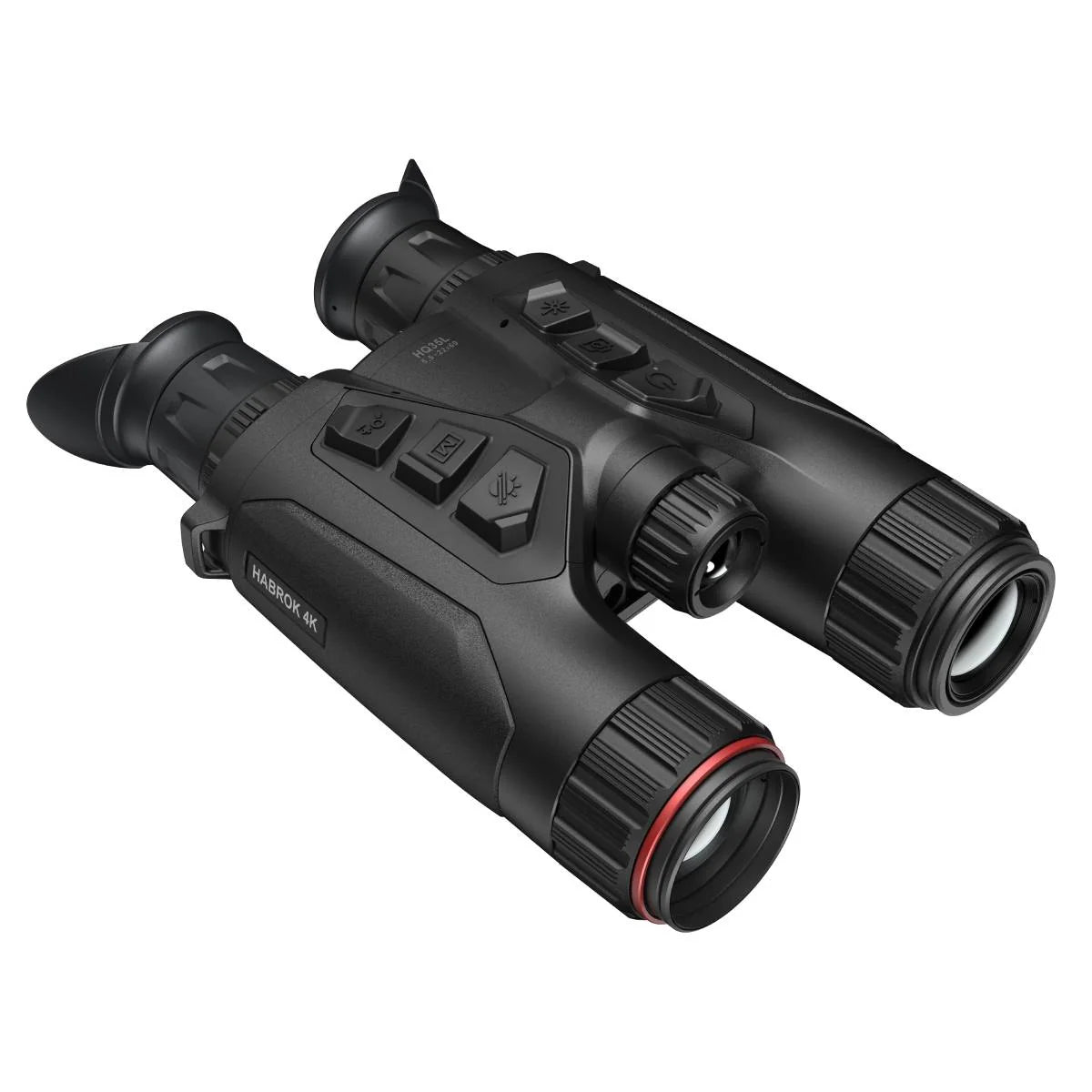 Binocular Hikmicro HQ35L 5.5-22x60 en tres cuartos desde arriba, con la botonera superior, los anillos de enfoque y la placa HABROK 4K en el costado.
