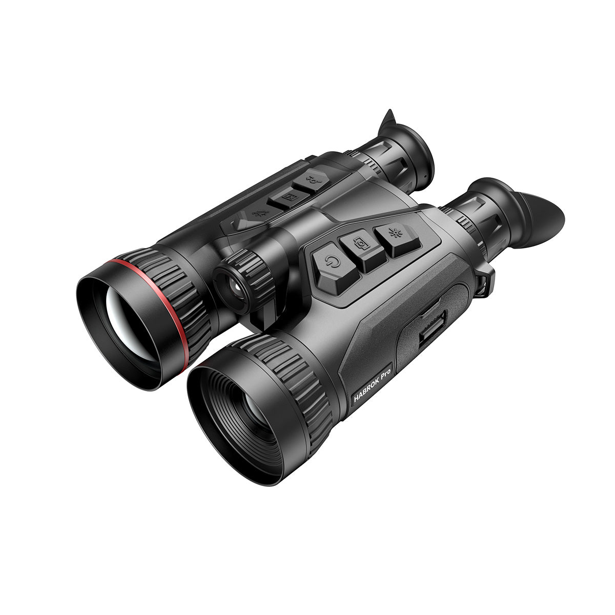 Binocular térmico multiespectral Hikmicro HABROK Pro HX60LS, con objetivo de anillo rojo e iluminador infrarrojo.