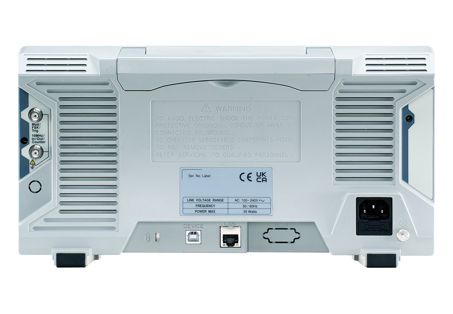 Panel trasero de un generador de funciones GW Instek de la serie AFG-4000, con puerto USB device, conector LAN, entradas BNC de modulación y disparo, y entrada de alimentación.