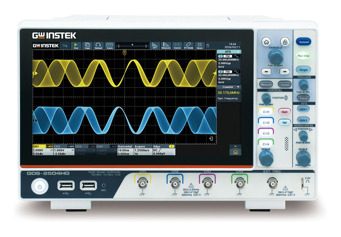 Osciloscopio digital GW Instek GDS-2504HG de 12 bits y cuatro canales visto de frente, con el panel del generador de funciones integrado abierto en pantalla y las teclas GEN 1 y GEN 2 en el frente.