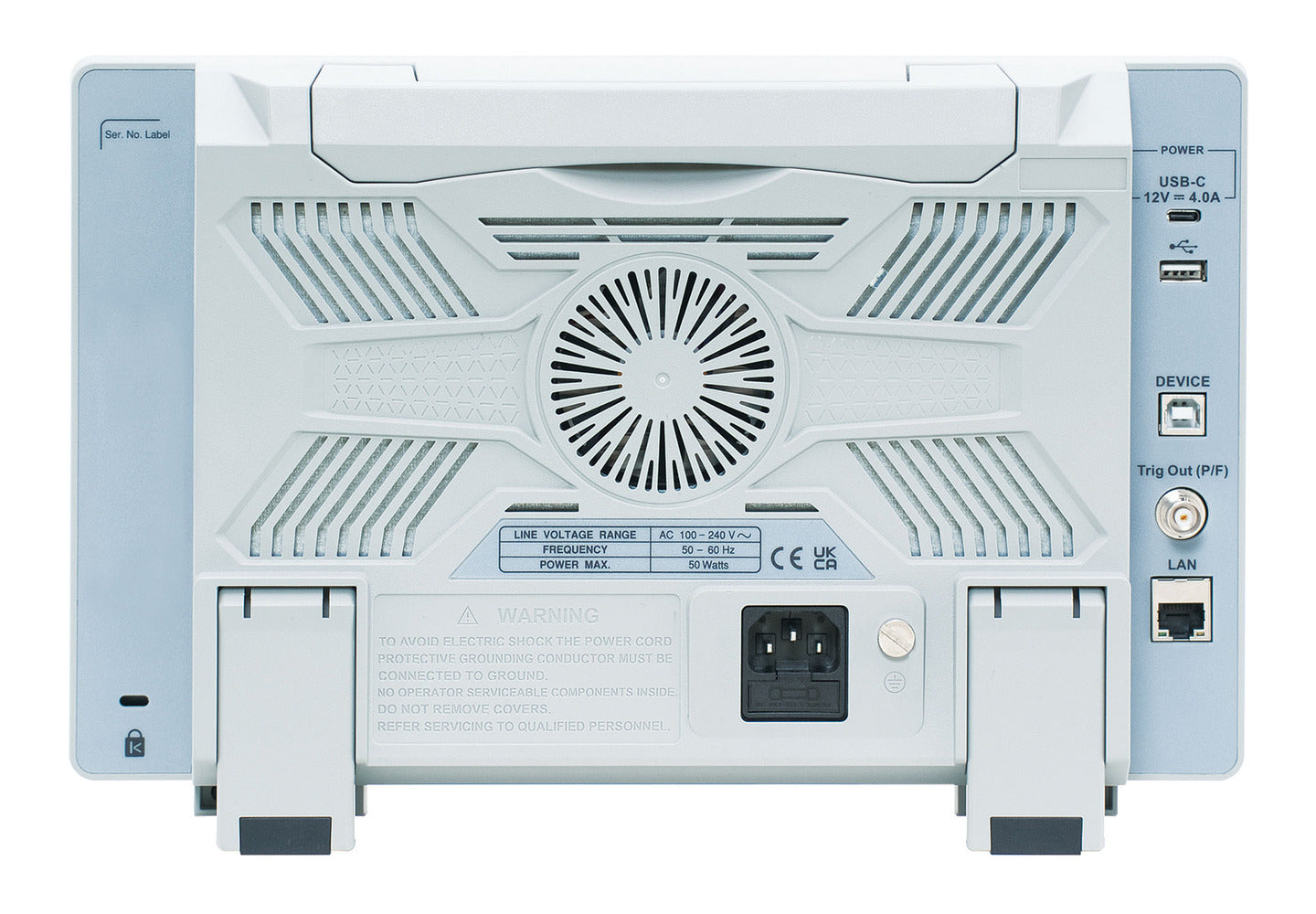 Panel trasero de un osciloscopio GW Instek de la serie GDS-2000HD, con ventilador central, conector LAN, puertos USB host y device, alimentación USB-C y salida BNC de disparo.