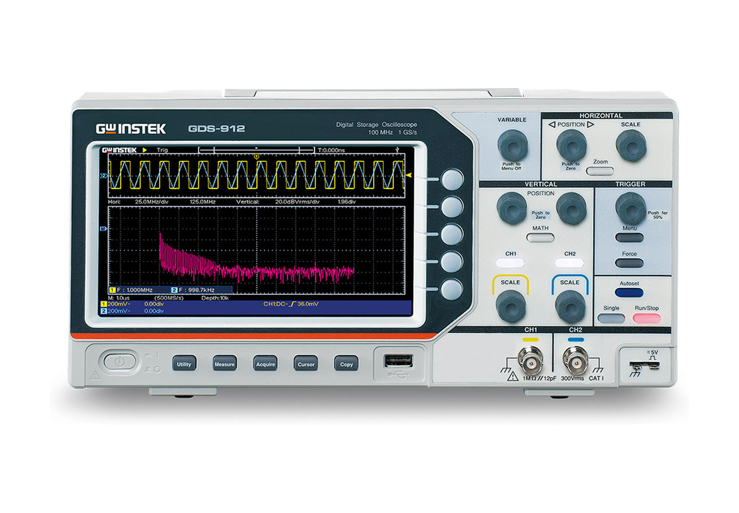 Osciloscopio digital GW Instek GDS-912 de 100 MHz y dos canales visto de frente, con una señal cuadrada y su análisis FFT en pantalla y los conectores BNC de entrada CH1 y CH2.