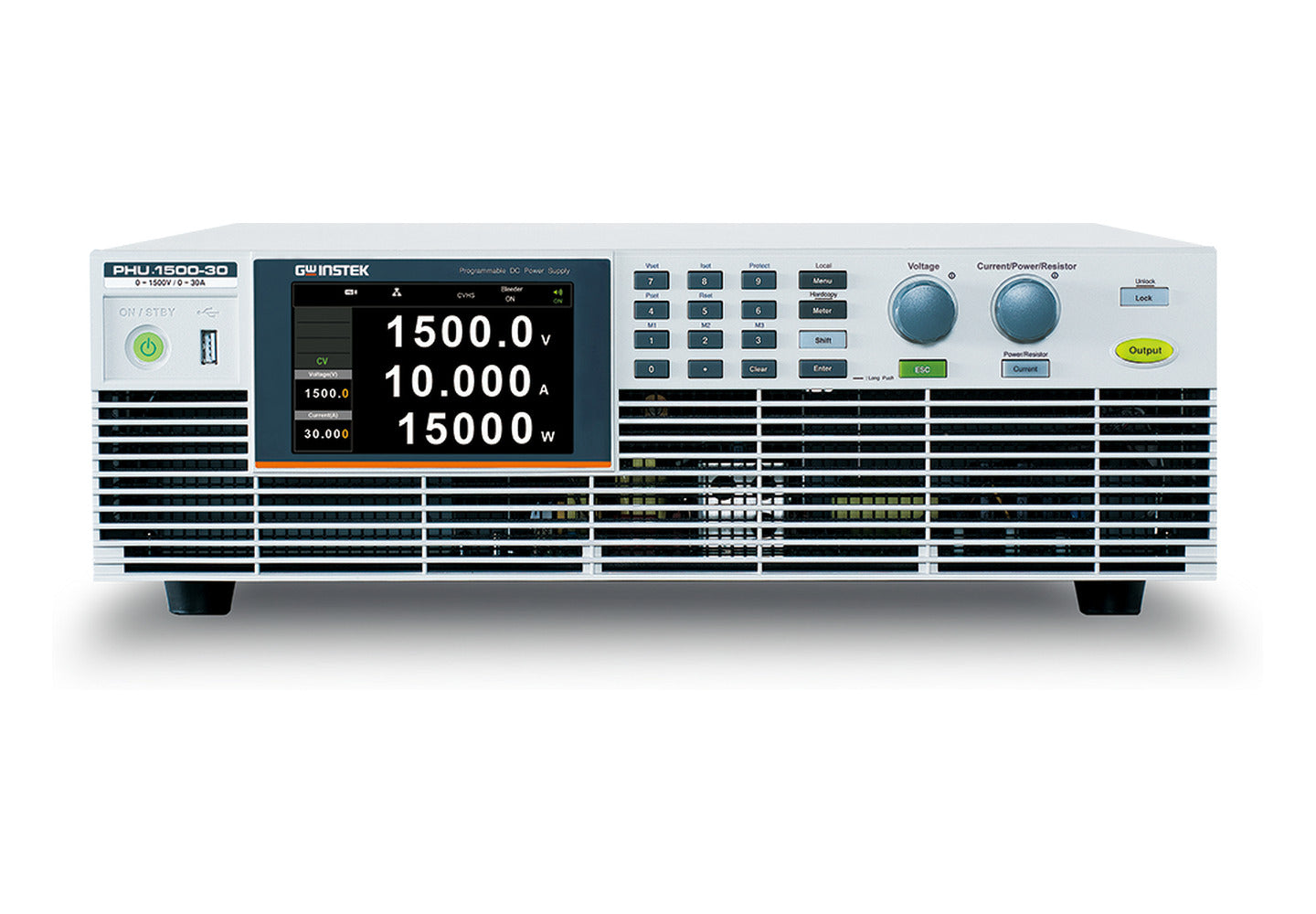 Fuente de poder DC programable GW Instek PHU 1500-30 vista de frente, en gabinete de rack de 3U, con la pantalla marcando 1500 V, 10 A y 15.000 W en modo tensión constante.