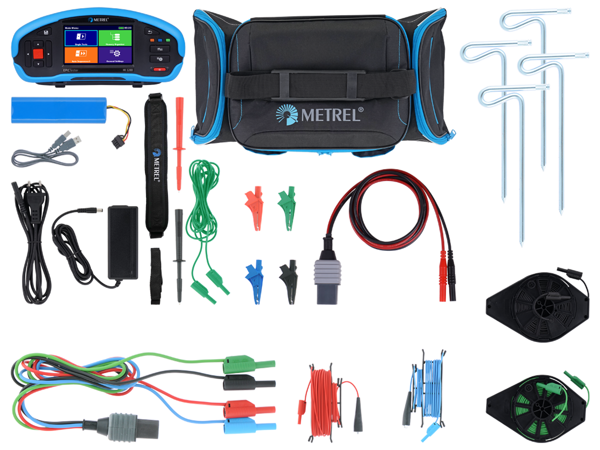 Metrel MI 3288 set de 50 m: equipo, maletín, cargador, cables de medida, estacas de tierra y carretes de cable